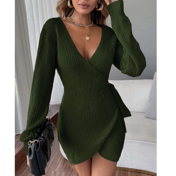 Khaki tie side knit wrap sweater dress - Picture 2 of 15